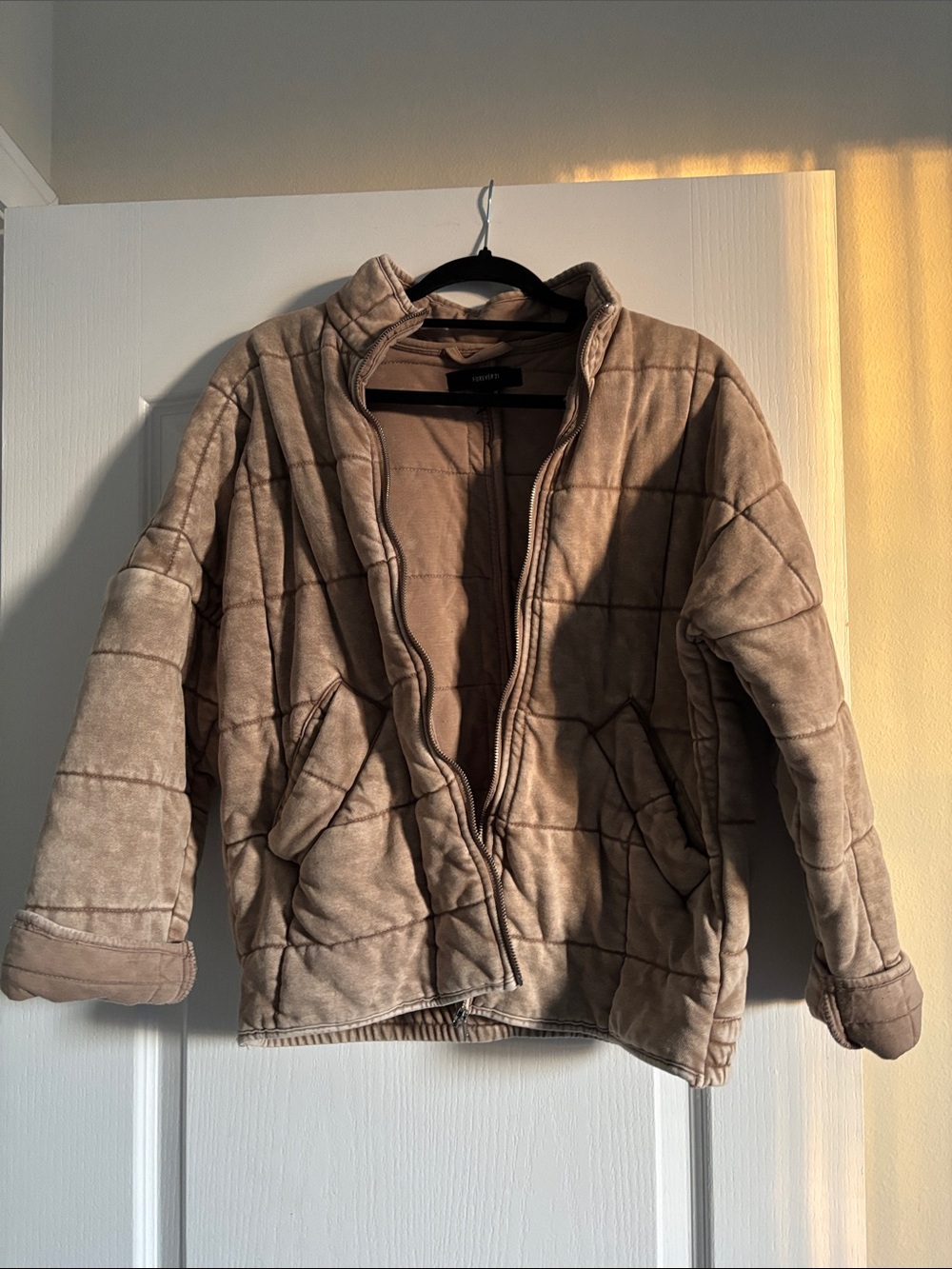 Forever 21 Quilted Faux-Suede Puffer Jacket - Taupe